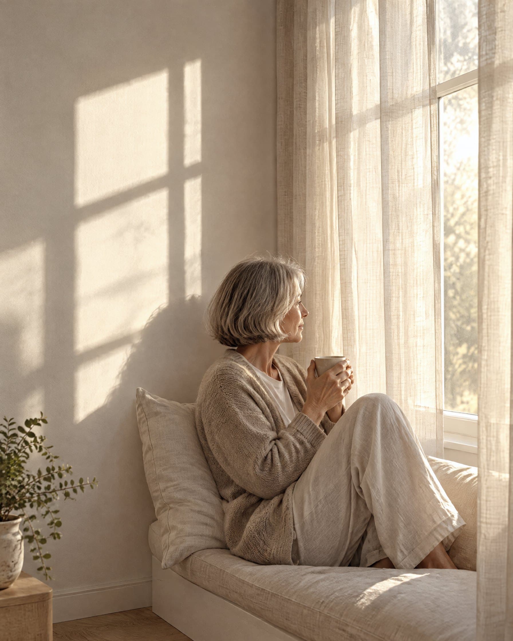 A woman in her fifties rests on a window seat in soft morning light, a cup in her hands
