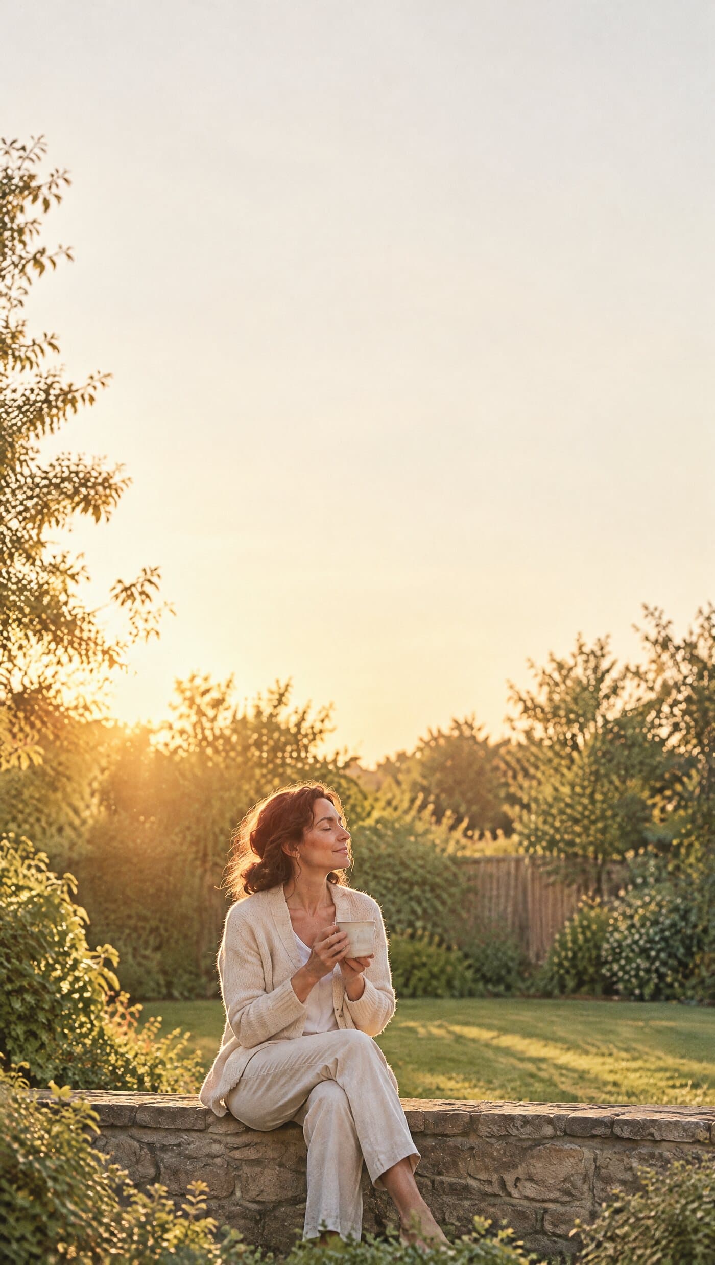 A woman sits on a low garden wall in warm light, eyes closed, holding a cup of tea
