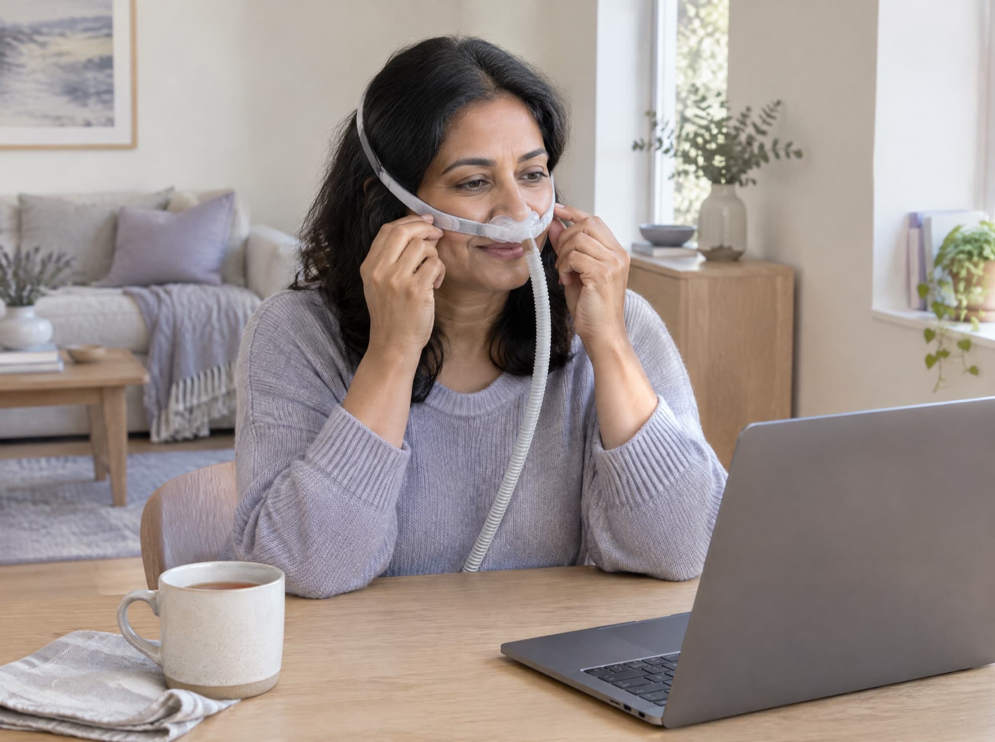 A woman tries a nasal pillow mask while a Sleep Consultant guides her on a video call