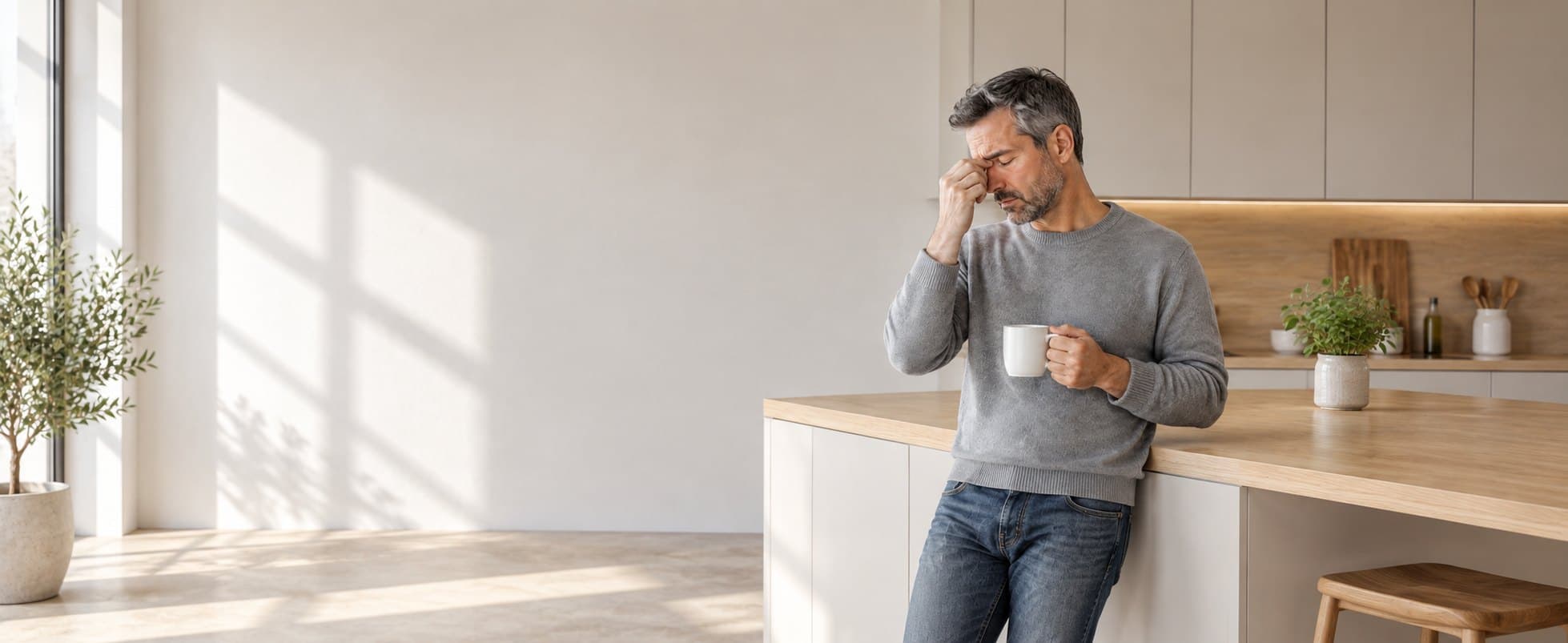 A man in his fifties at his kitchen counter in the morning, eyes closed, pinching the bridge of his nose, a mug in his other hand