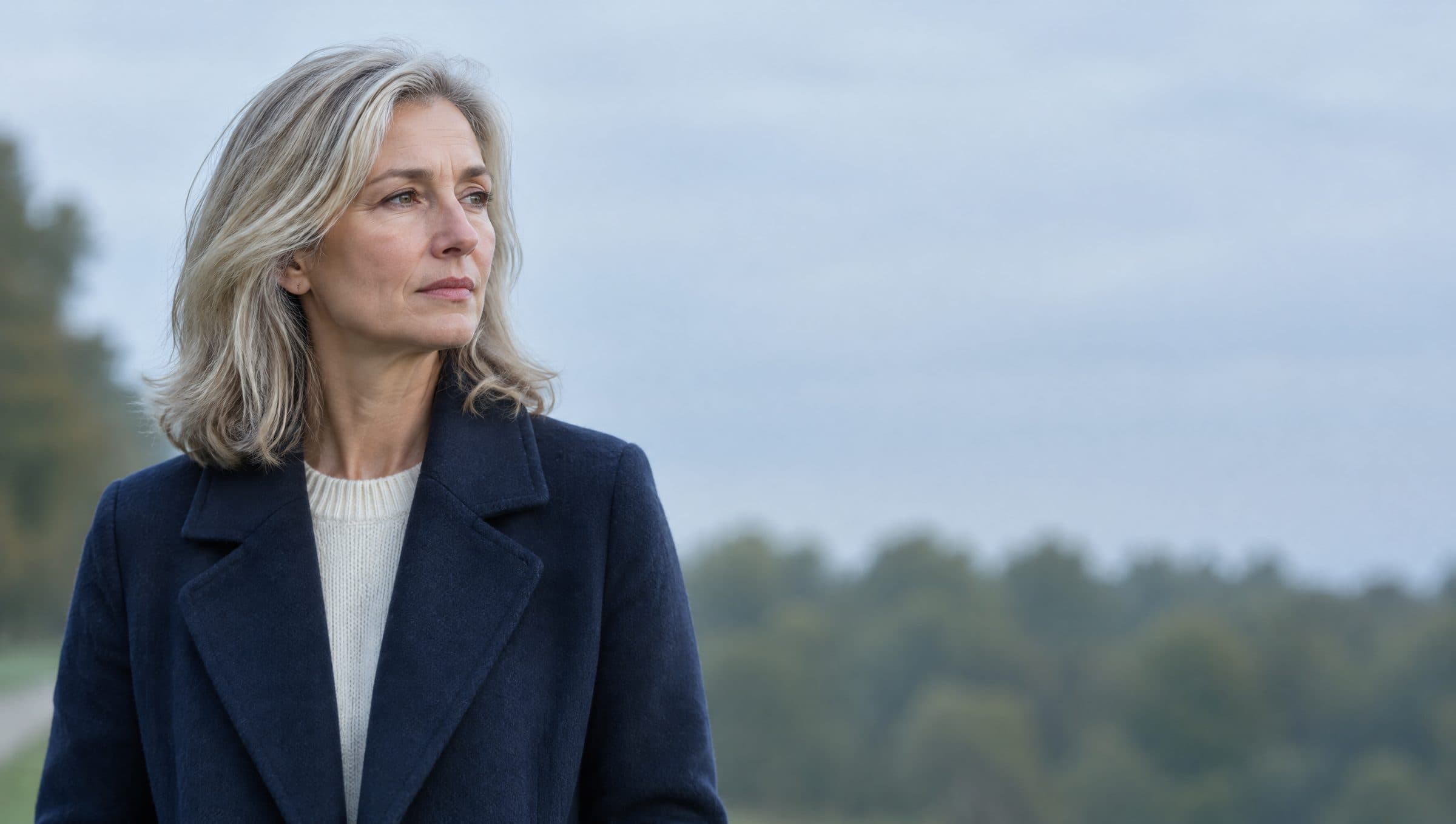 A woman in her fifties in a navy coat stands outdoors on an overcast morning, looking into the distance