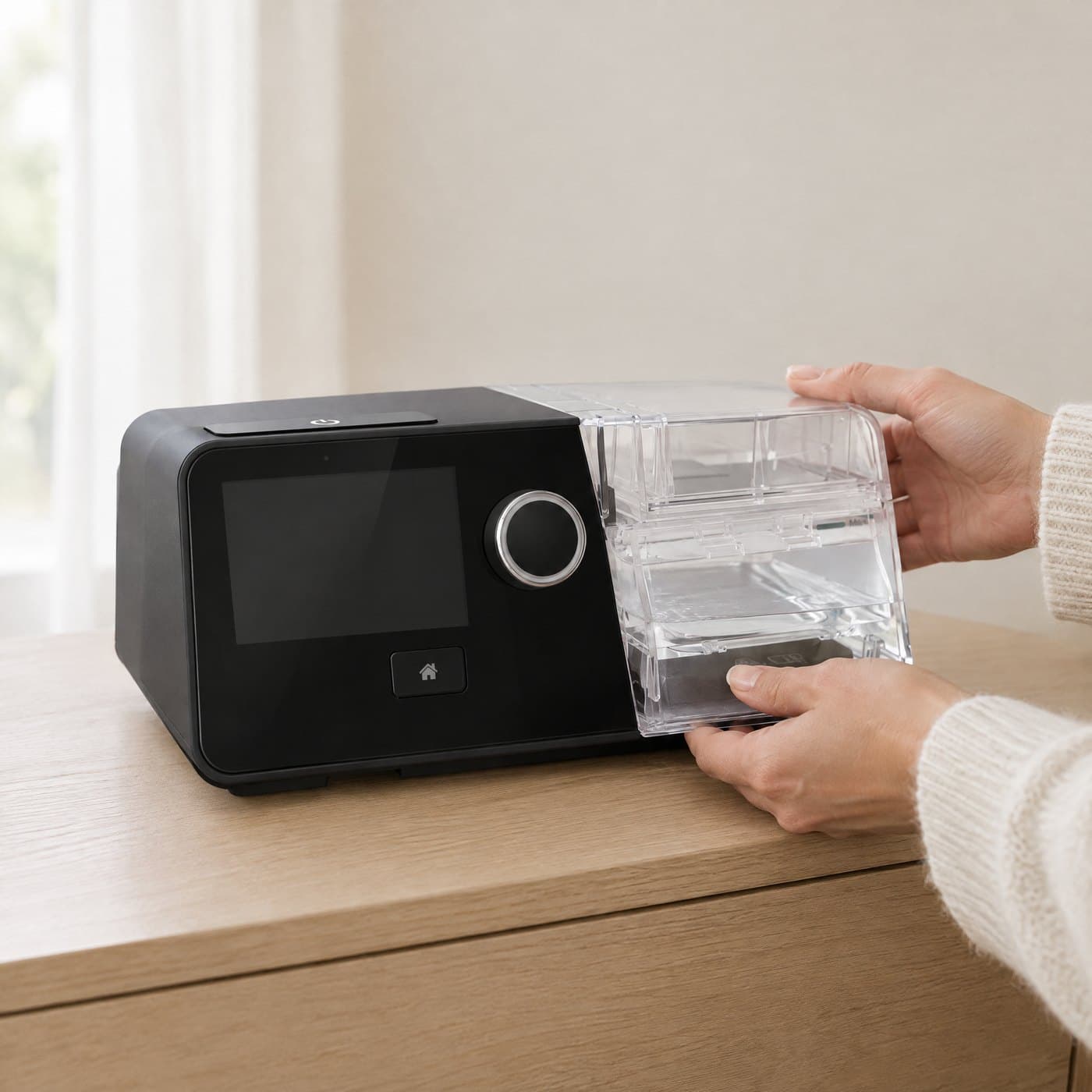 Hands sliding the clear water chamber into the side of the G3 X on a nightstand