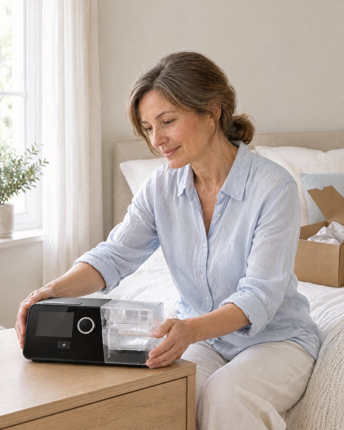 A woman setting her G3 X on her nightstand, its box open on the bed